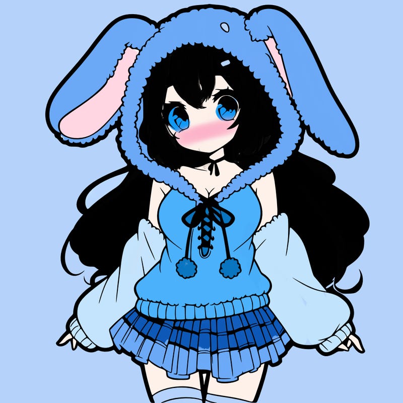 pretty anime girl wearing a fluffy hoodie with bunny ears on the hood and a skirt