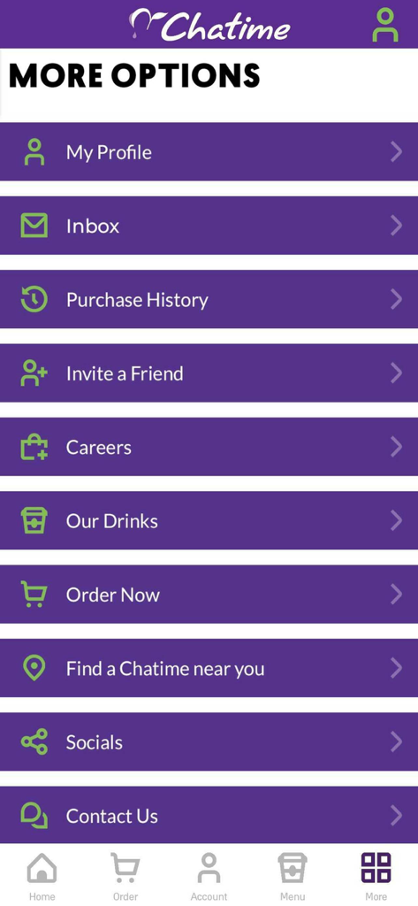 Chatime USA - Pantalla del menú de más opciones de la aplicación Chatime USA con enlaces al perfil, la bandeja de entrada y el historial de compras