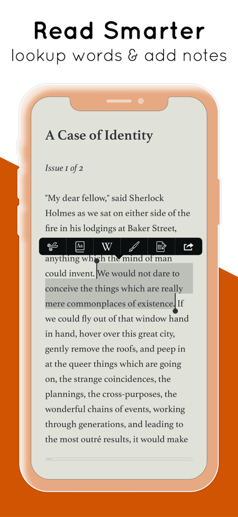 Interface of the Serial Reader app showing text selection options for looking up words and adding notes while reading a Sherlock Holmes classic
