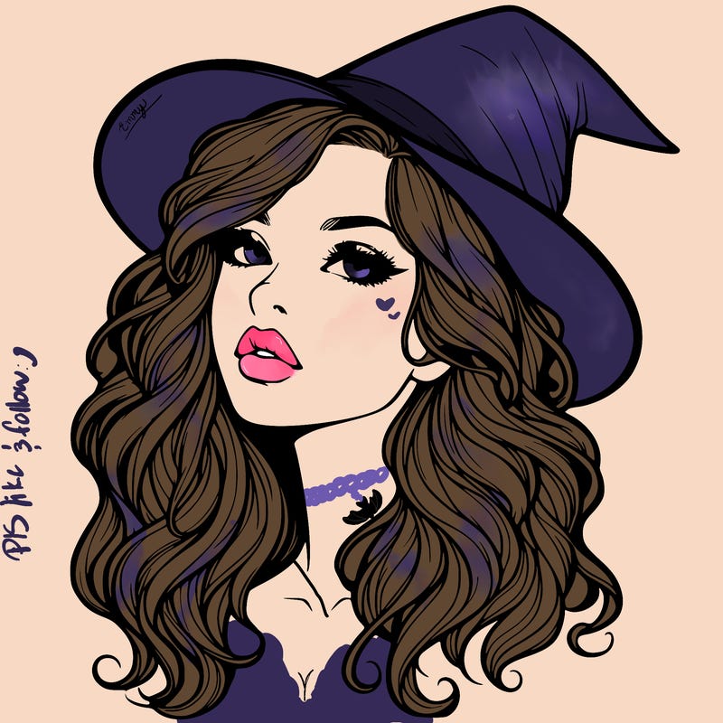 realistic witch girl with wavy hair and lips