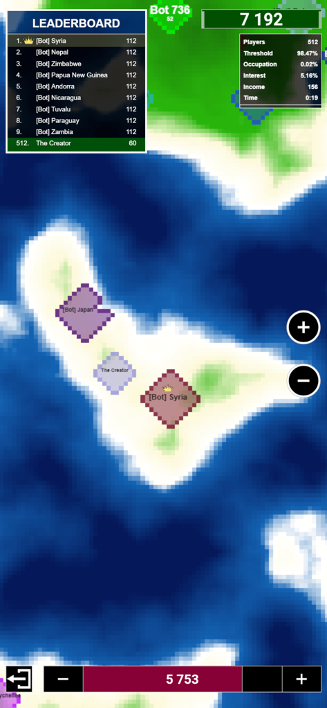 Una captura de pantalla de Territorial.io que muestra un mapa de juego de estrategia con islas y una tabla de clasificación.