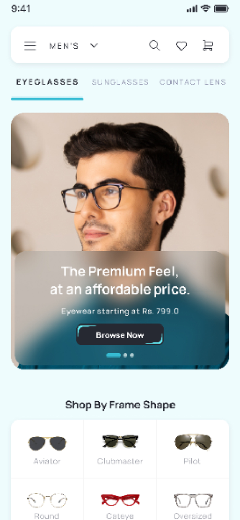 Titan Eye+: Eyeglasses Online - Titan Eye Plus app interface showing eyeglasses for men and shopping categories by frame shape