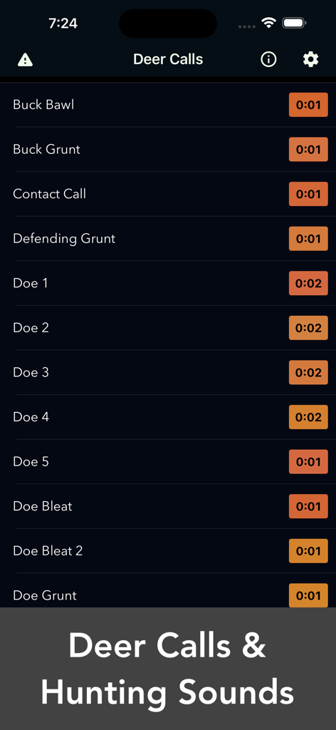 Interface of the Deer Calls and Hunting Sounds app showing a list of deer call audio clips like Buck Grunt and Doe Bleat.