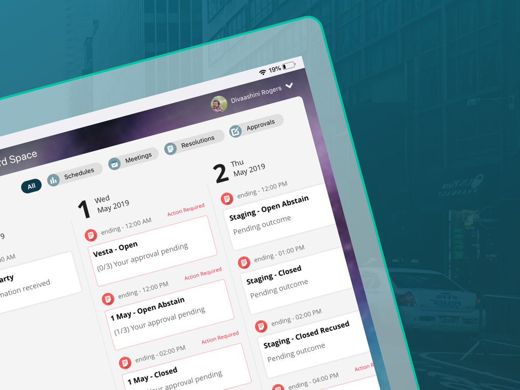 Board.Vision for iPad - Board Vision iPad dashboard showing corporate governance schedules and action required items