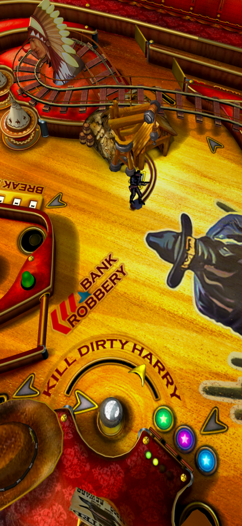 Wild West Pinball - Una mesa de pinball 3D con temática del Salvaje Oeste, mostrando una bola plateada y gráficos de vaquero