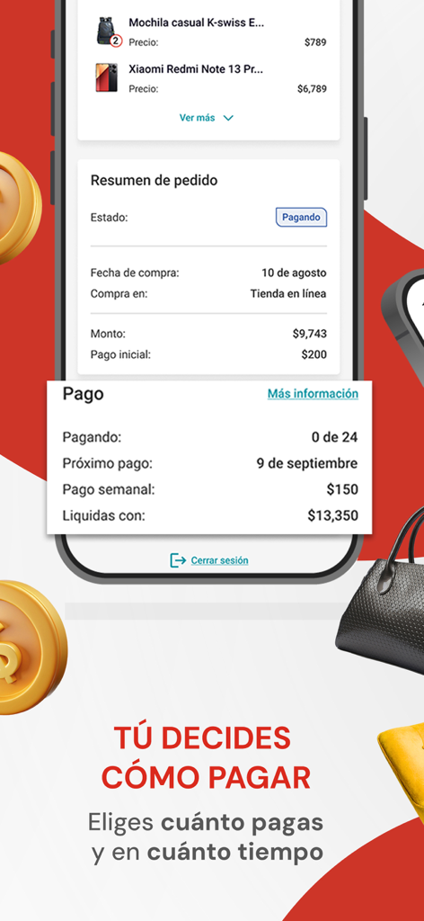 Interface of the Elektra app displaying a purchase summary and flexible weekly payment installment details