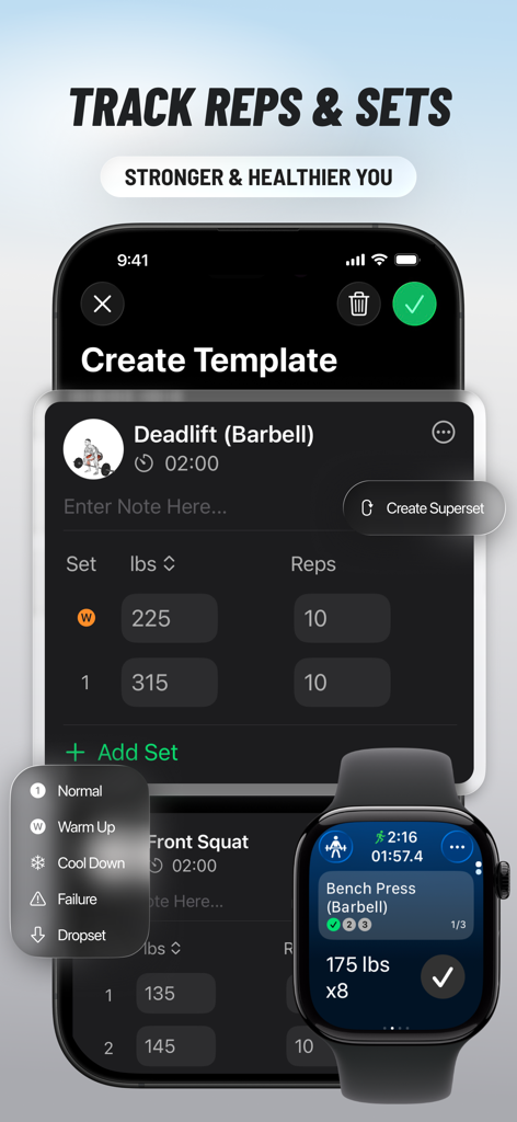FITIV Pulse AI Workout Tracker - Interfaccia dell'app FITIV Pulse su iPhone e Apple Watch che mostra monitoraggio ripetizioni e serie di sollevamento pesi per stacchi da terra e panca piana.