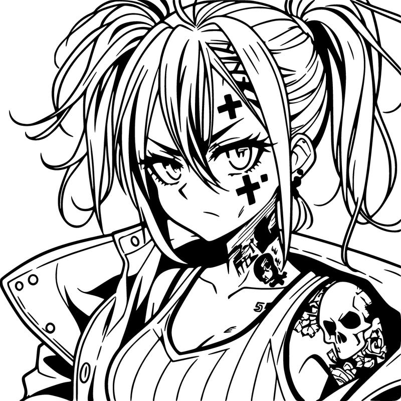 badass anime girl with scar and tattoos