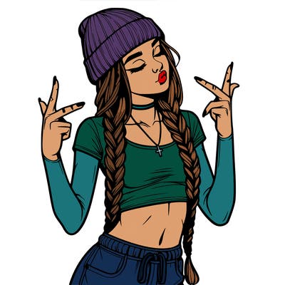realistic teenage girl with braids and a beanie and crop top doing 🫶🏼