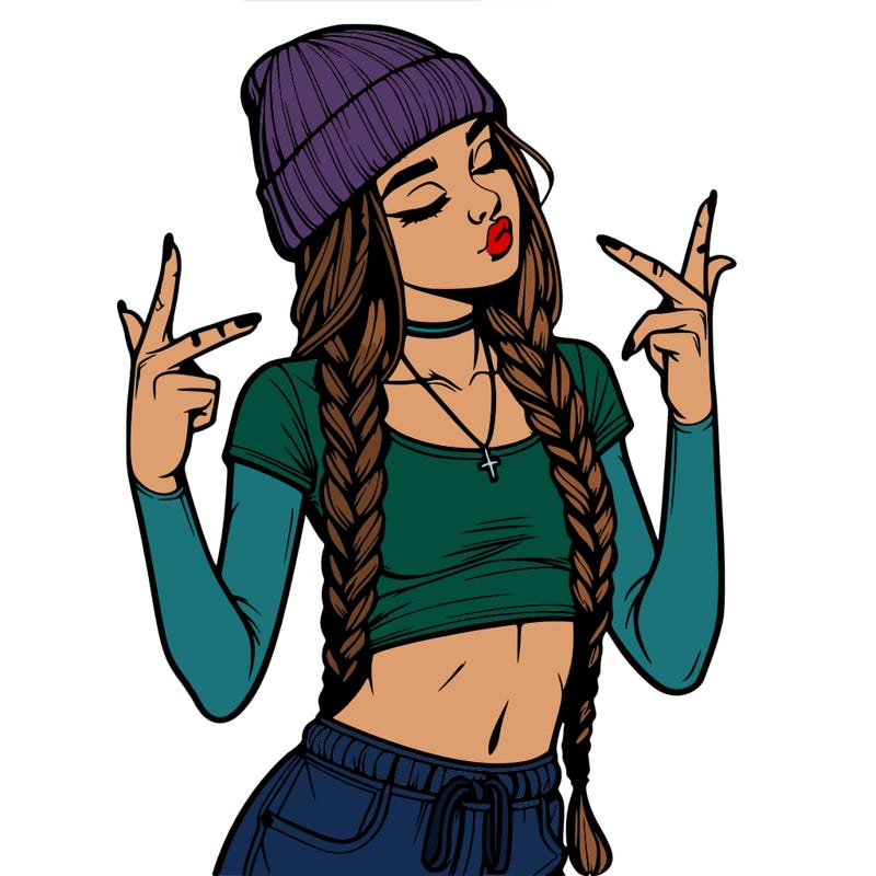 realistic teenage girl with braids and a beanie and crop top doing 🫶🏼