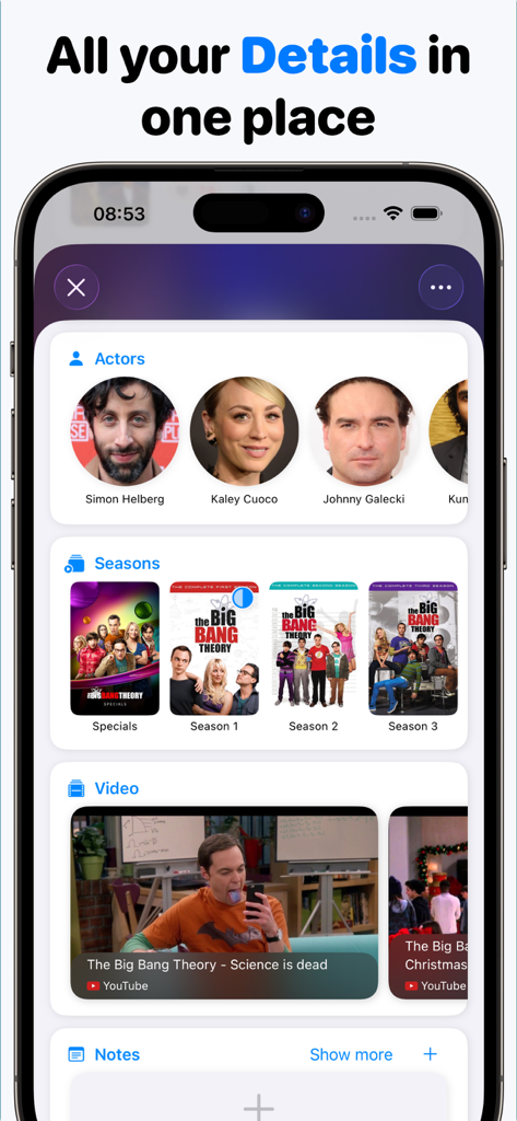 Movie Tracker: Watchlist - Pantalla del smartphone que muestra miembros del reparto, temporadas y vídeos de YouTube de una serie en la aplicación Movie Tracker.
