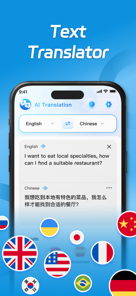 AI Translate - Translator - A smartphone screen displaying the text translation feature of the AI Translate app converting English to Chinese surrounded by international flag icons