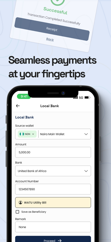 WATU Multipurpose Fintech App - Mobile screen of the WATU fintech app showing a bank transfer interface and a successful payment confirmation