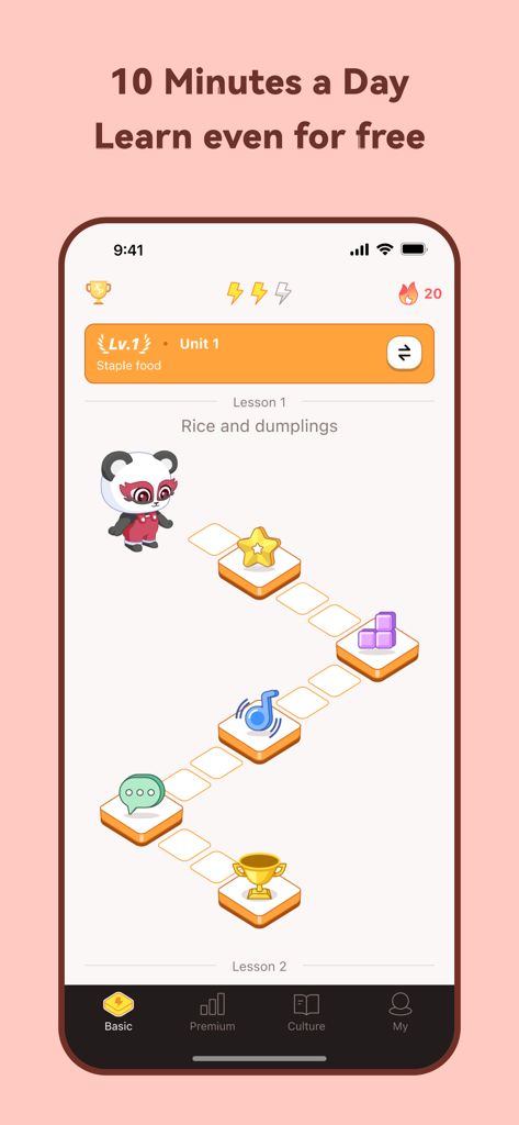 Chinesia - AI Learn Chinese - The main interface of Chinesia app displaying a gamified learning path for Mandarin lessons