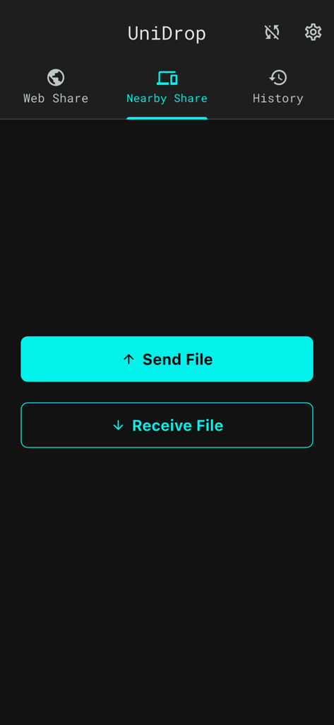 UniDrop - File Sharing - Schermata dell'app UniDrop con pulsanti Invia File e Ricevi File