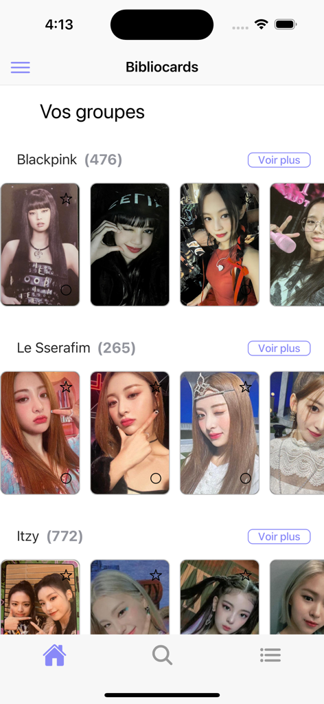 Bibliocards - Bibliocards app interface displaying K-pop photocard collections for Blackpink and Le Sserafim