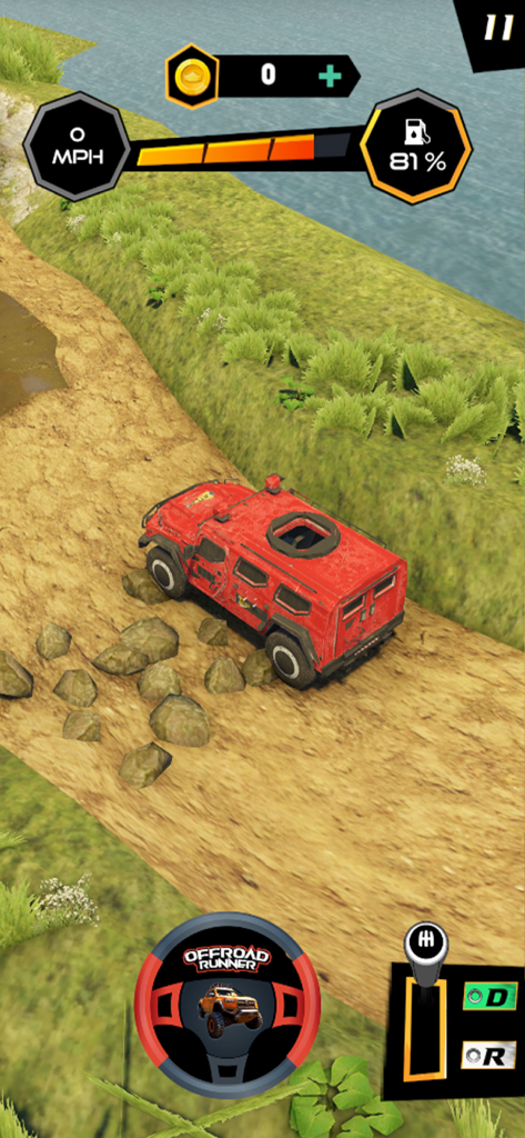 4x4 Runner Off-road Simulator - Un vehículo todoterreno rojo navegando por un sendero de tierra rocoso en un juego de simulación de conducción 4x4.