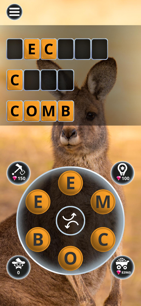 Interfaz de juego de puzzle de palabras con fondo de canguro y rueda de letras.