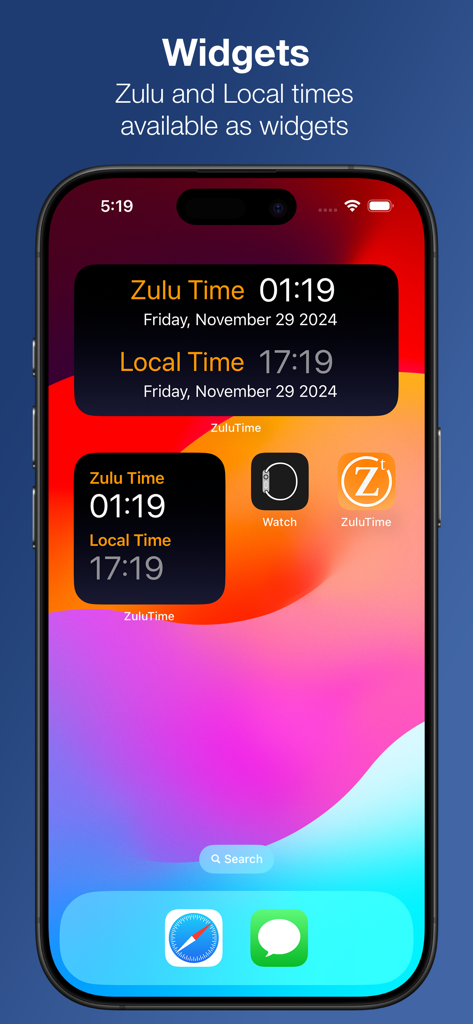 Pantalla de inicio del iPhone que muestra dos widgets de la aplicación Zulu Time mostrando horas Zulu y Locales de un vistazo.