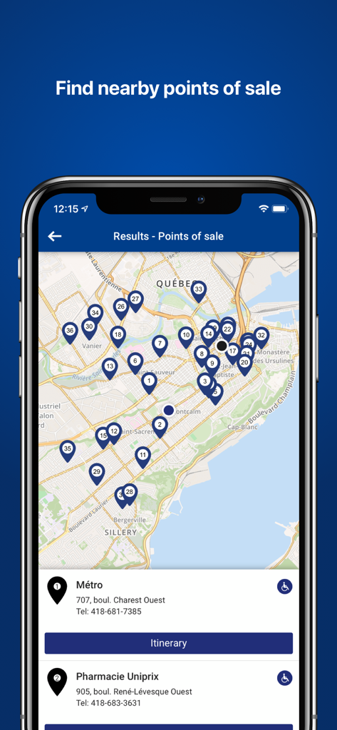 RTC’s real-time Nomade - RTC Nomade app screen showing a map with numbered markers for nearby ticket points of sale in Quebec City.