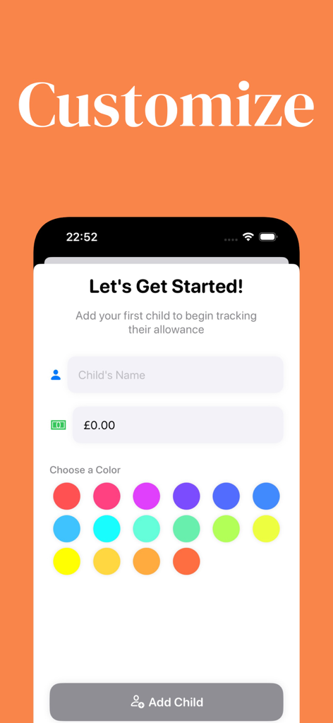 Allowance Tracker - Acorn - Pantalla de configuración para agregar y personalizar un perfil de niño en la app Rastreador de Pagas Acorn