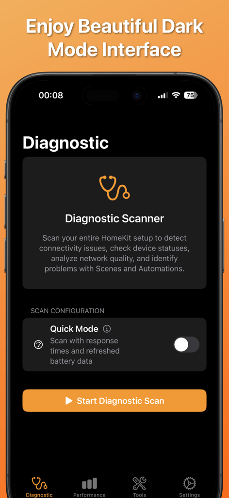 HomeCare for HomeKit app diagnostic scanner interface in dark mode.