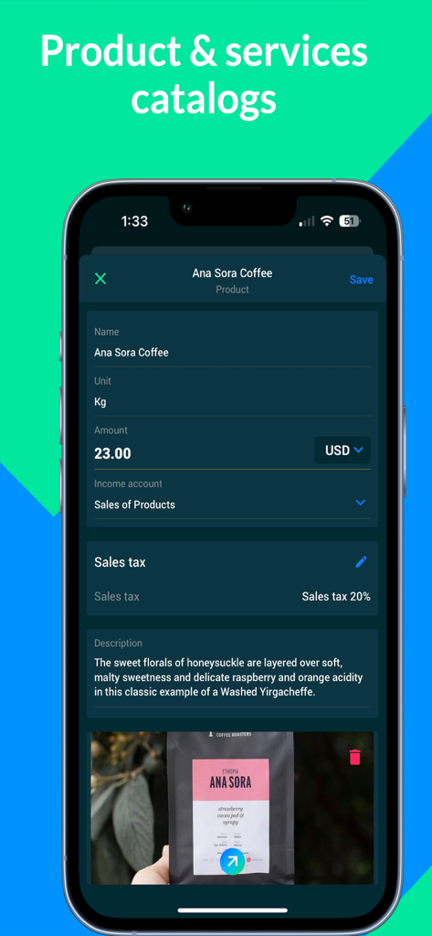 Interfaccia mobile dell'app Fiskl che mostra una voce del catalogo prodotti per il caffè con campi per prezzo, tasse e descrizione.