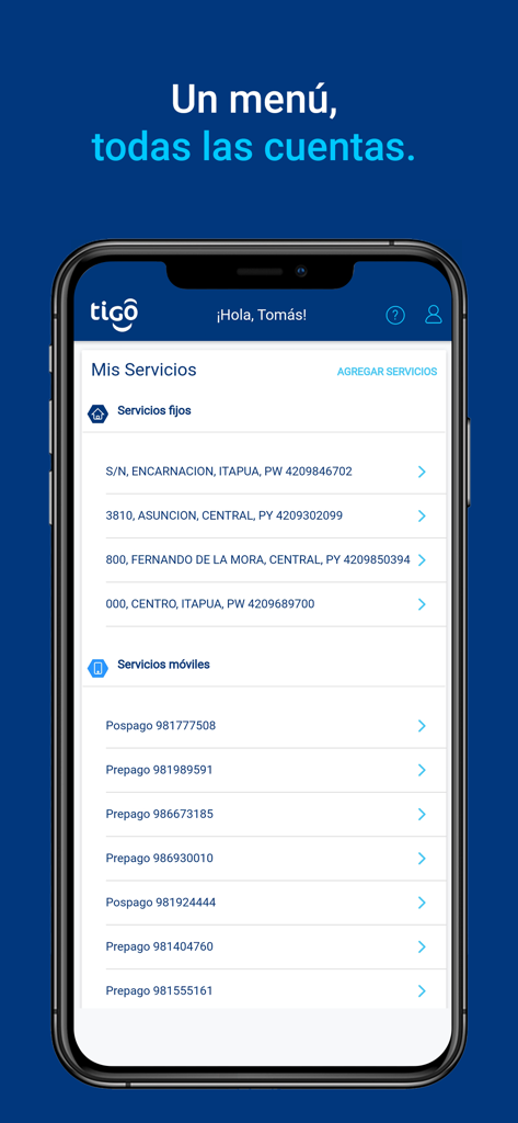 Interfaz de la aplicación Mi Tigo Paraguay listando múltiples cuentas fijas y móviles para una fácil gestión
