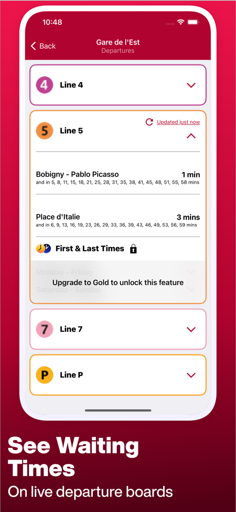 Paris Metro app showing live departure boards and train waiting times for Gare de l Est station