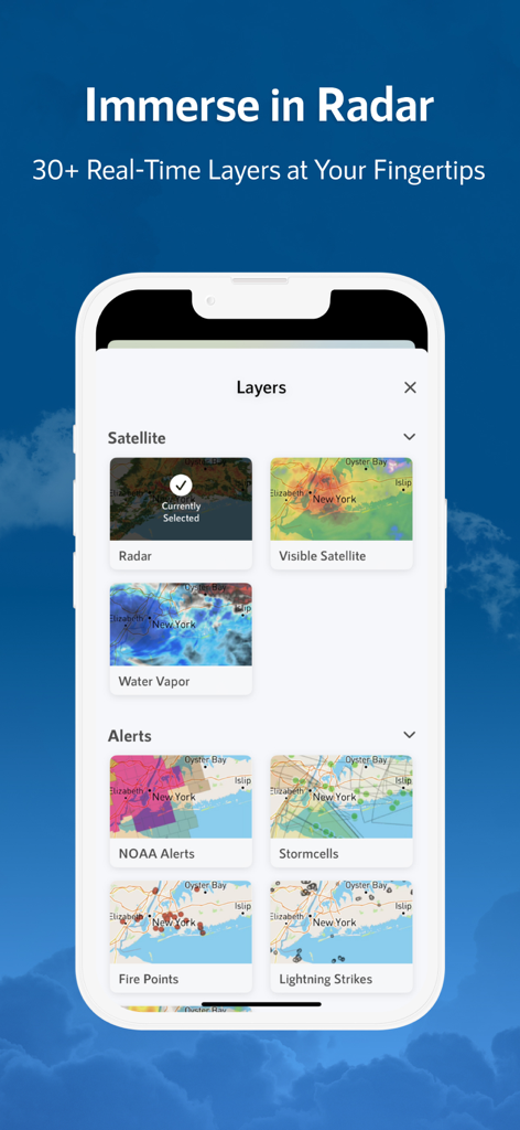 NOAA Live Weather Radar - Smartphone display showing the layers menu of the NOAA Live Weather Radar app with options for satellite radar and weather alerts