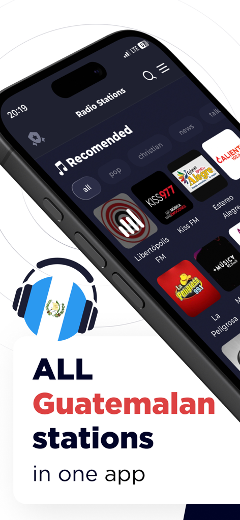 Radio Guatemala FM Online - Radio Guatemala FM app interface displaying a variety of Guatemalan radio stations