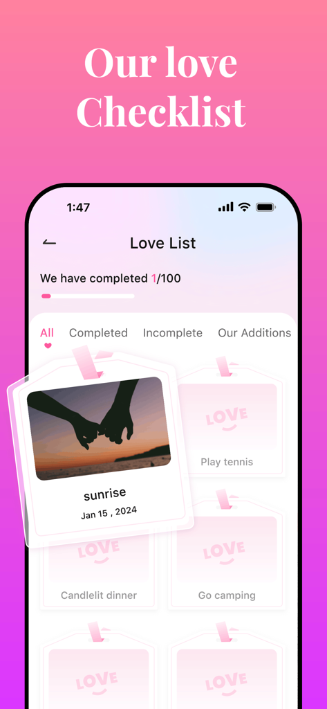 Interface of the My Love app showing a relationship bucket list and a completed sunrise activity for couples.
