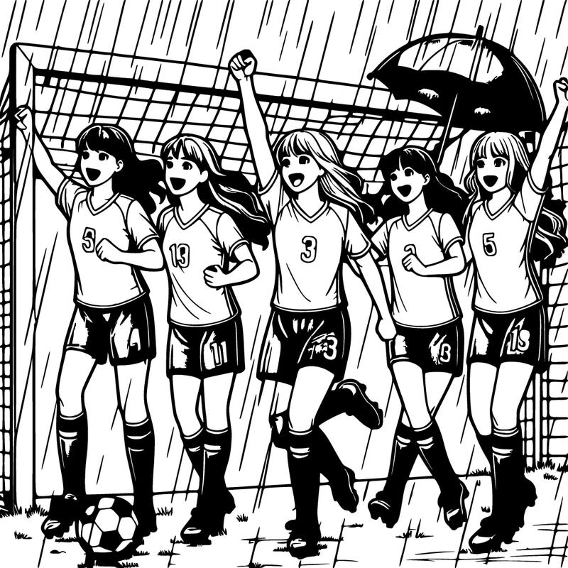 realistic teenage girls soccer team winning a tournament in the rain