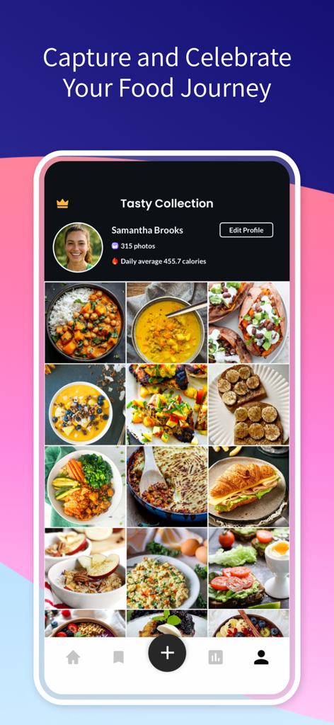 AI Calorie Tracker - Food Scan - A visual meal history gallery showing a grid of food photos with a daily calorie summary in the AI Calorie Tracker app.