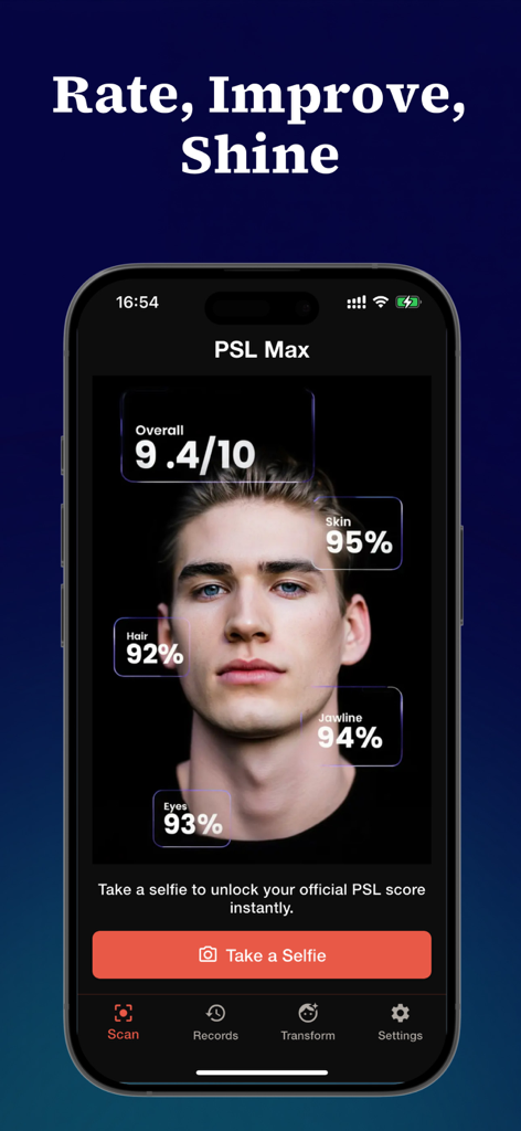 PSL Max 앱 인터페이스에 상세한 특징 점수가 있는 남성 사용자의 AI 얼굴 평가 분석이 표시됩니다.