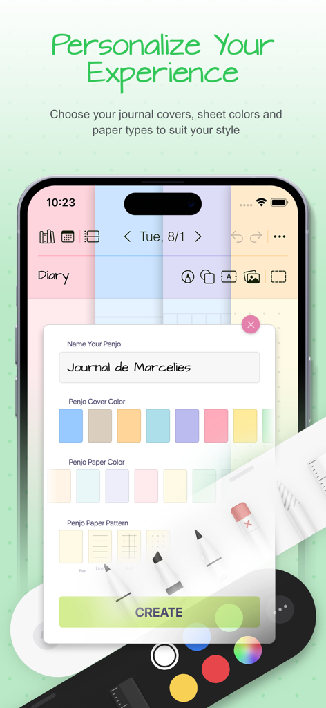 A screen in the Penjo app showing options to customize the journal name cover color paper color and paper pattern