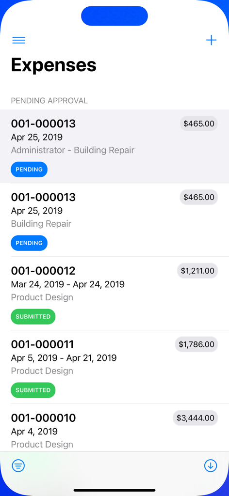 Expenses for Business - Dashboard mit einer Liste von Geschäftsausgaben mit dem Status ausstehend und eingereicht