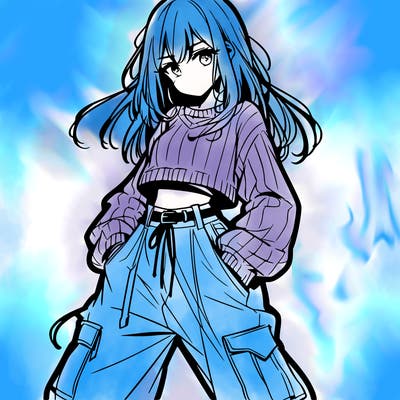 anime teen girl with baggy pants and crop top with sweater