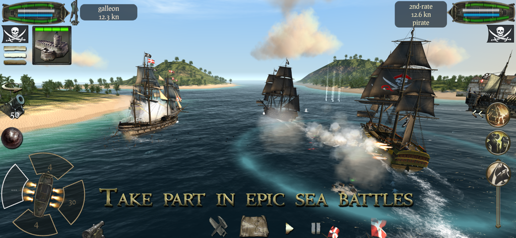 Epic sea battle between pirate ships near an island in the Caribbean