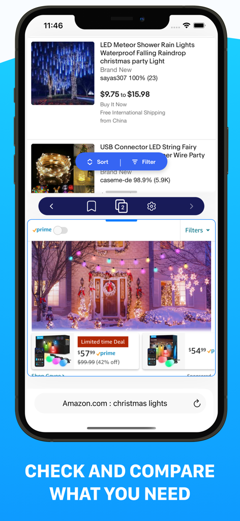 Split Screen View - Application iPhone en écran partagé comparant des produits sur deux sites Web à la fois