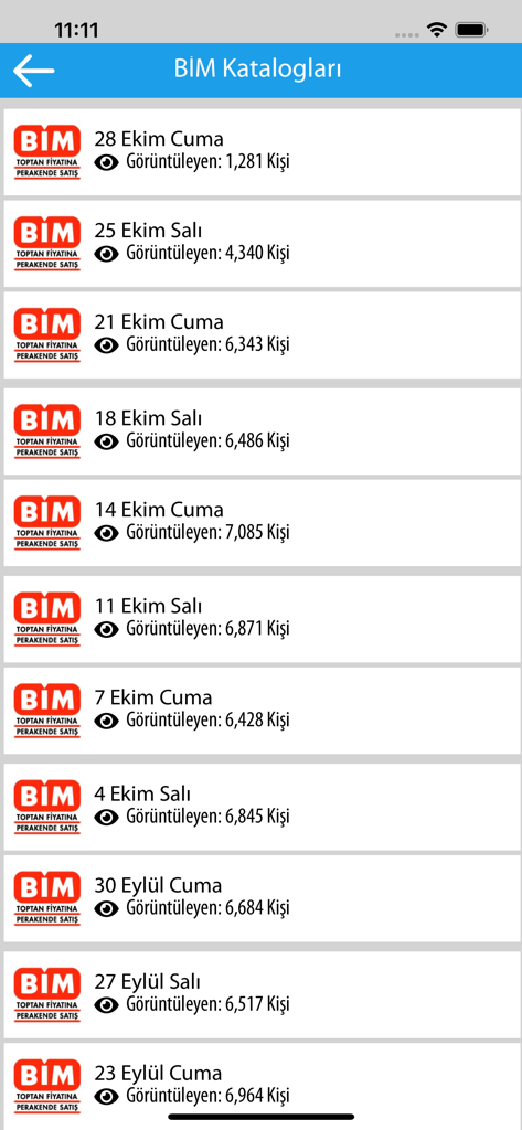 Aktüel Ürünler (Güncel) - Une liste de catalogues hebdomadaires pour le magasin BIM montrant les dates et le nombre de vues dans l'interface de l'application Aktuel Urunler.