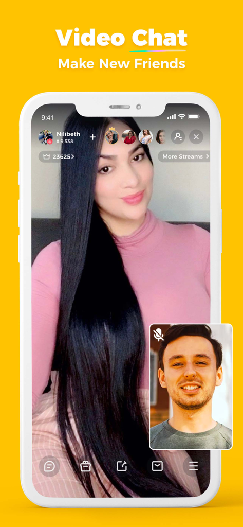 Uplive-Live Stream, Go Live - Uplive mobile app screenshot showing a live video chat between a male and female user