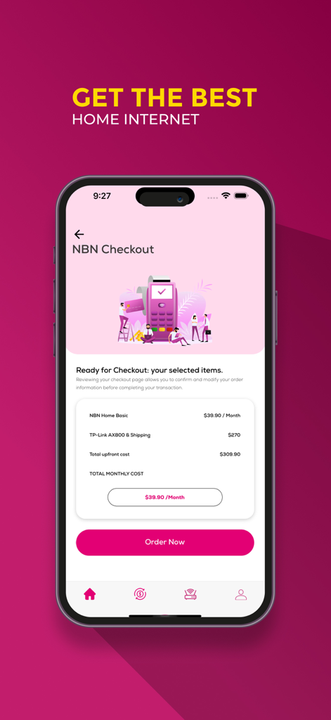 My Telsim - My Telsim app checkout screen for NBN home internet plan showing monthly and upfront costs