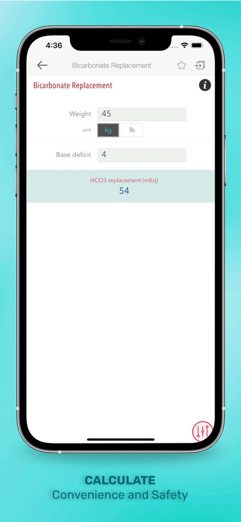 Gomella's Neonatology - Bicarbonate replacement calculator interface in the Gomella Neonatology app