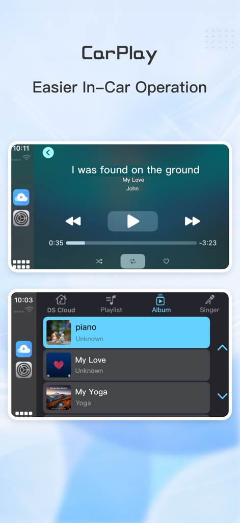 DS Cloud-Video Library&Player - DS Cloud app integration with CarPlay showing music playback and album selection screens.