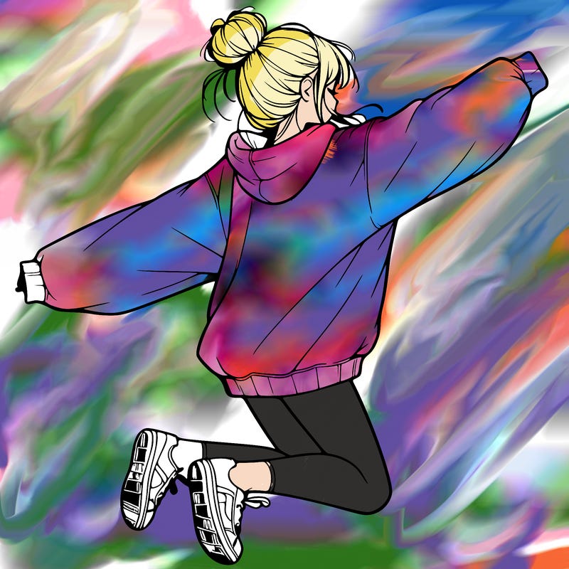 realistic girl jumping with a bun and oversized sweatshirt
