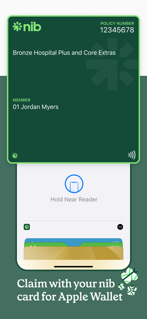 A digital nib health insurance card displayed in Apple Wallet for convenient tap-and-claim service.