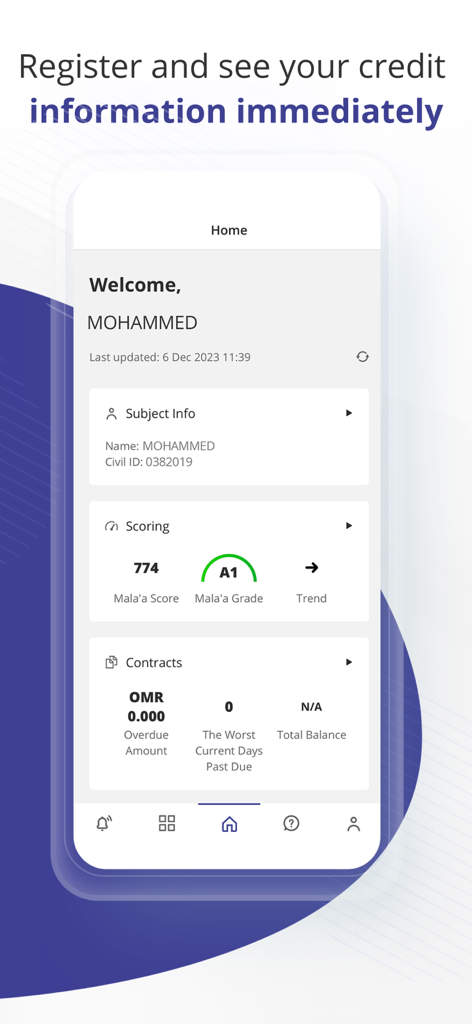 Malaati app home screen displaying credit score and subject information