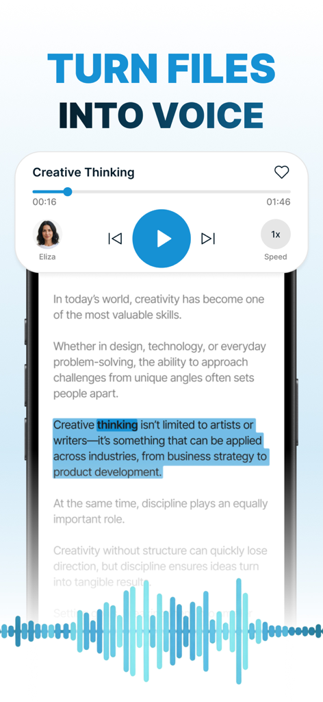 Lisy AI: Text to Speech - Smartphone screen showing Lisy AI app converting a text document into voice with audio playback controls and sound waves.