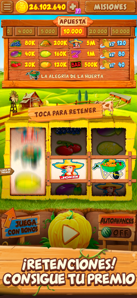 La Granja - Tragaperras Bar - Gameplay screen of La Granja Spanish bar slot machine with farm themed symbols and bonuses